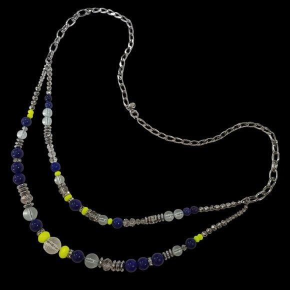 Loft Rope Necklace w/Crystals, Blue and Lime Green Beads on a Chrome Chain - Picture 3 of 13